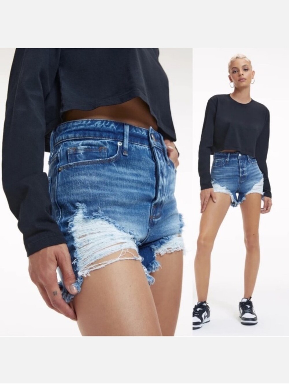 Good American Medium Blue Distressed High-Rise Denim Shorts